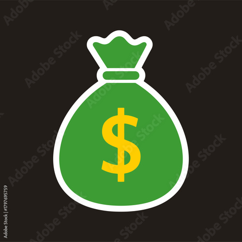 Big money bag icon, wealth, cash, profit, and successful financial gain symbol.
