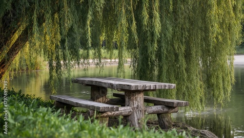 Old wooden trunk table and benches beside a river, showcasing the lush weeping willow in the foreground, seasonal change