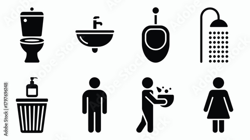 Clean, modern bathroom icons set for wayfinding, signage, and accessibility design projects needing a universal restroom symbol system
