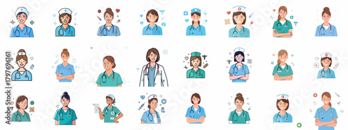 Collection of diverse female nurses and doctors avatars in various scrubs and uniforms with medical symbols, depicting essential healthcare professionals.