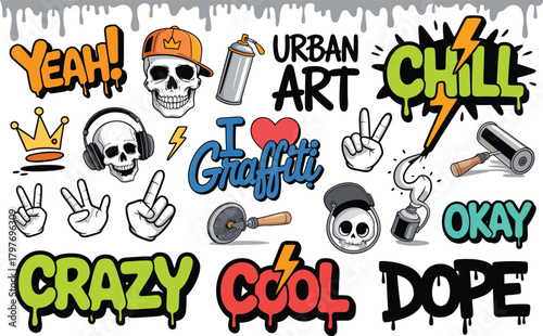 Graffiti art elements with skulls spray paint and words