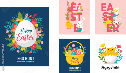Easter event illustration pack—bunnies, chicks, eggs, flowers, and festive text for spring celebration, egg hunt, and holiday visuals