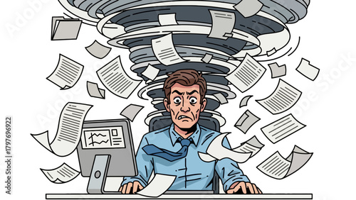 Overwhelmed Stressed businessman sitting at a desk under a tornado of paperwork.