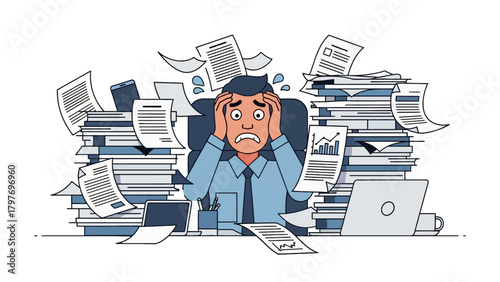 Stressed Businessman Overwhelmed by Paperwork and Tasks.