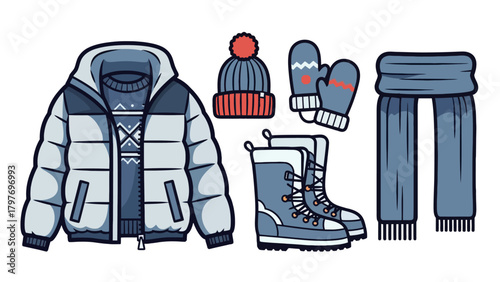 Winter Clothing Collection - Puffer Jacket, Beanie, Mittens, Scarf, and Boots.