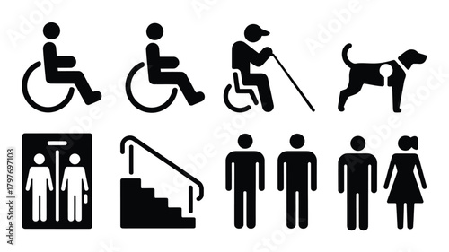 Comprehensive set of accessibility icons for inclusive designs, showing wheelchairs, guide dog, elevator, stairs, gender neutral symbols, and accessibility aids