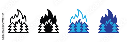 Four stylized representations of evergreen trees engulfed in flames isolated on white background
