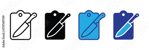 Four different styles of a chef s knife and cutting board icon set isolated on white background