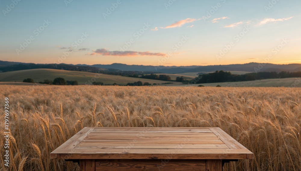 Fototapeta premium Wheat field visible with a wooden board table in the foreground at dusk, suitable for product display montages