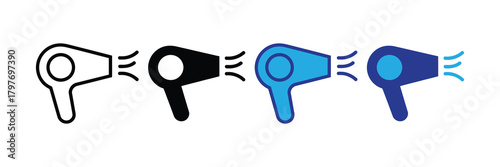 Four different styles of hair dryer icons with air flow depicted isolated on white background