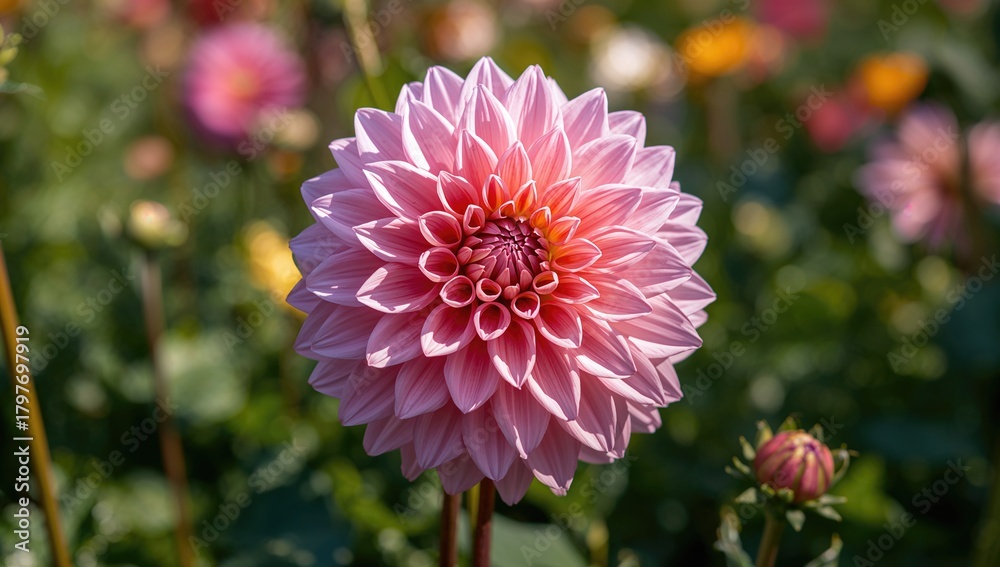 Fototapeta premium A detailed view of a blooming Dahlia flower in a colorful garden, showcasing seasonal beauty