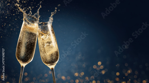 Celebratory Champagne Toast: Capturing the celebratory moment with two champagne flutes clinking together, bubbles of sparkling champagne create a cascade of joy.
