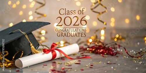 Graduation celebration for the class of 2026 featuring a graduation cap diploma and festive confetti with bokeh lights