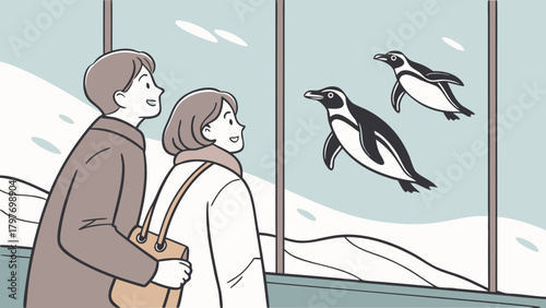 2D Couple Watching Penguins with Love and Wonder Vector