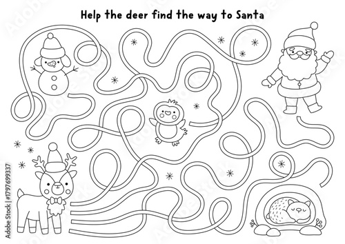 Christmas village black and white maze with deer searching way to Santa Claus. Line labyrinth game with reindeer, penguin, bear, snowman. Winter holiday printable activity, worksheet, coloring page