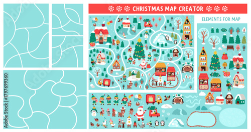 Christmas village map or scene creator. Set of cartoon elements for constructing winter holiday activity page. Vector New Year clipart with roads, fir tree, Santa Claus, houses, fair, animals, elves