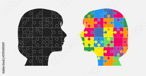 Head woman and man made puzzle pieces, education