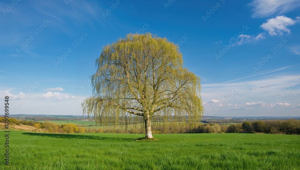 Obraz premium Silver birch tree under the sky, springtime landscape with grass and a meadow, showcasing seasonal change