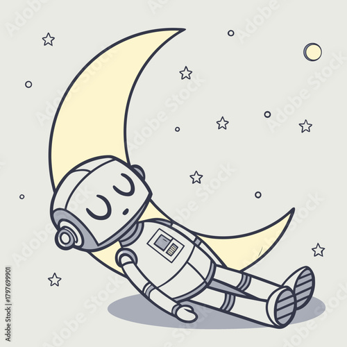 Cute robot napping on a yellow crescent moon surrounded by stars sleeping
