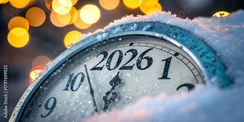 A close up of a vintage clock face showing the year 2026 covered in snow with festive bokeh lights in the background symbolizing the coming new year