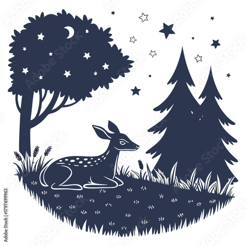 Silhouette of a fawn resting under a tree at night with stars deer moon