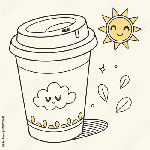 Kawaii coffee cup with smiling sun and falling leaves on white background takeaway cup