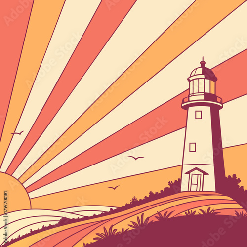 Lighthouse on Hilltop with Sun Rays and Ocean Landscape sunrise