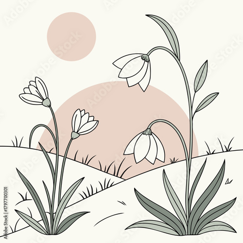Minimalist Illustration of Snowdrops and Rolling Hills at Sunrise Keywords: snowdrops, flowers