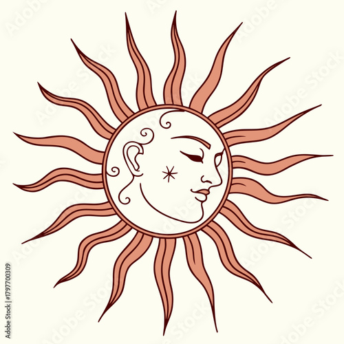 Stylized sun with a human face and flowing rays in terracotta tones profile celestial