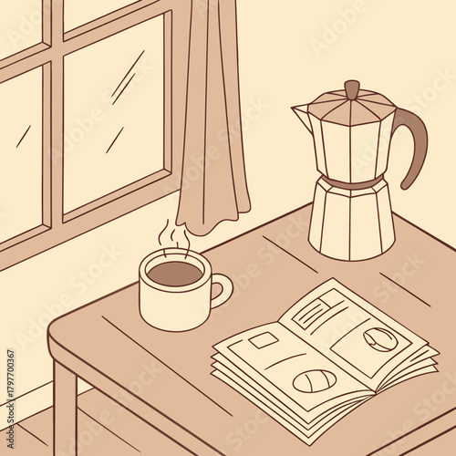 Coffee cup, open newspaper and moka pot on a table by a window with curtains morning