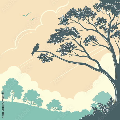 Vintage illustration of a solitary bird perched on a tree branch with stylized clouds and landscape