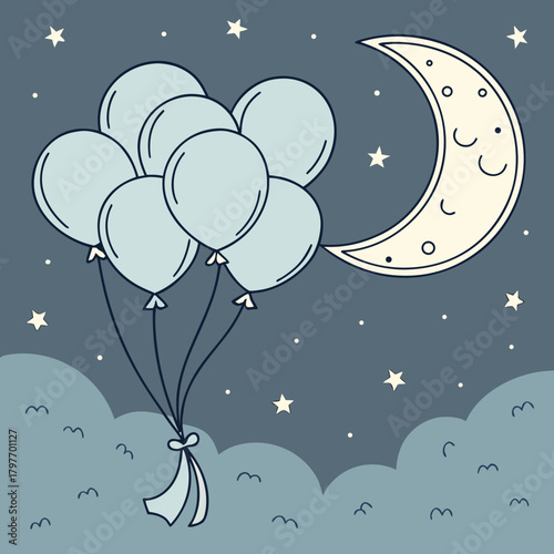 Blue Balloons Under a Smiling Crescent Moon and Stars Keywords: balloons, helium balloons, blue