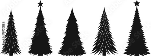 Quadro em tela Stylized evergreen tree silhouette illustration—five artistic black designs with