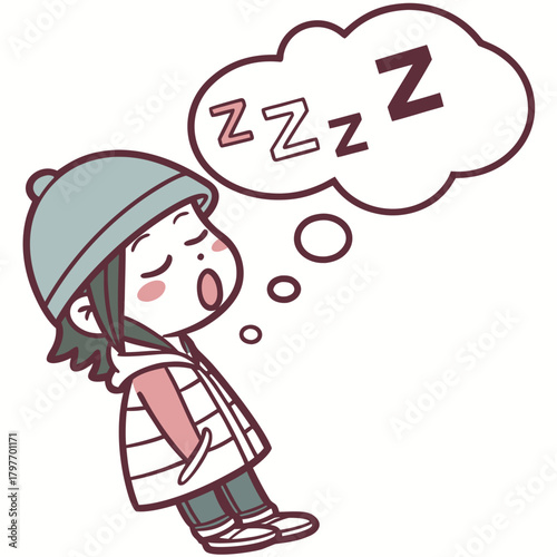 Child in winter clothes sleeping with Zzz thought bubble on white background sleepy