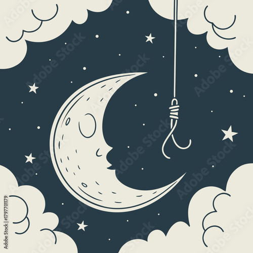 Crescent moon with face hanging from a noose in starry night sky human face