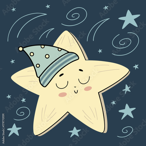 Cute sleeping star wearing a polka dot nightcap on dark blue background sleepy