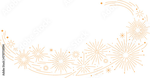 Orange fireworks and starbursts forming a crescent shape