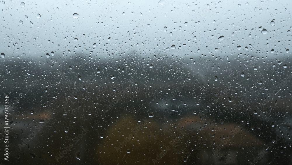 Obraz premium Raindrops clinging to a hotel balcony window, illustrating the impact of inclement weather