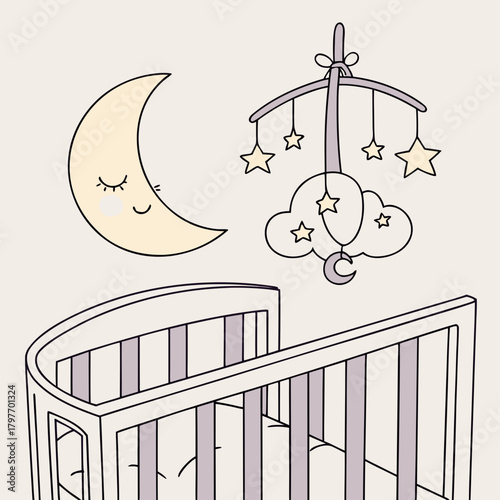 Baby Crib Mobile With Moon and Stars on a Neutral Background nursery sleep