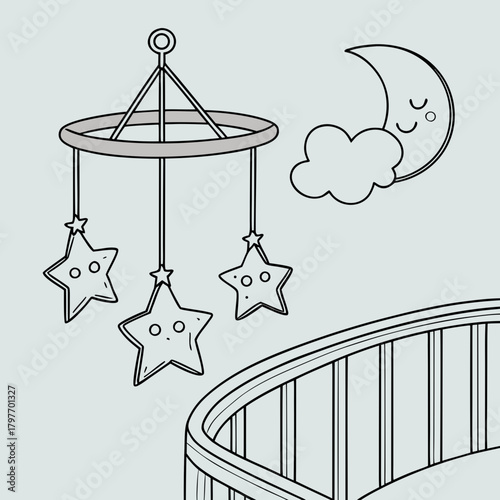 Line Art Baby Crib Mobile With Moon and Stars on a Light Blue Background nursery