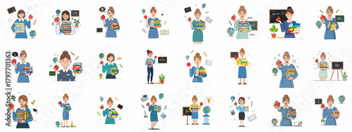 Diverse set of cartoon illustrations showing happy female teachers holding books and apples, symbolizing education, knowledge, and teaching profession concepts.