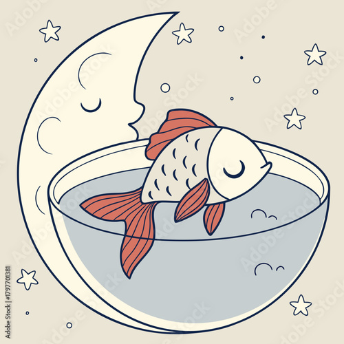 Fish Resting in a Bowl Next to a Sleeping Moon Face water