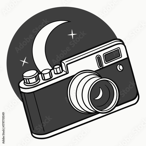 Vintage Camera in Front of a Crescent Moon Icon retro camera film camera
