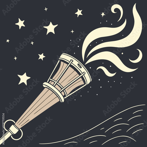 Torch with Flames and Stars on Dark Background fire light