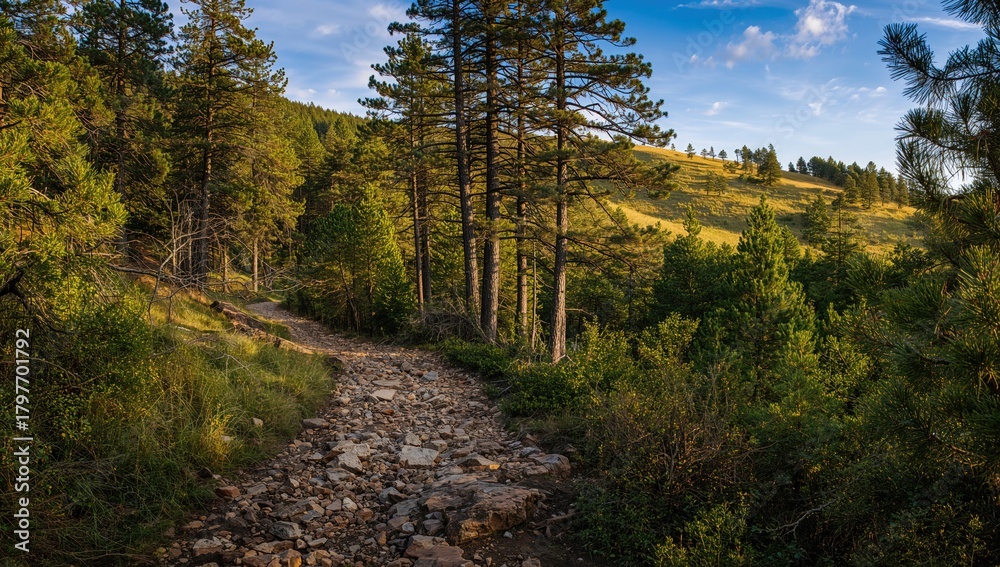 Fototapeta premium Rocky ecotourism trail winding through the forest, erosion risk