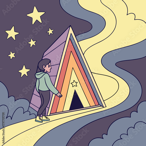 Person approaching a colorful rainbow pyramid under a starry night sky Keywords: person, walking