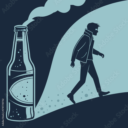 Silhouette of a man walking away from a smoking beer bottle Keywords: man, silhouette, walking