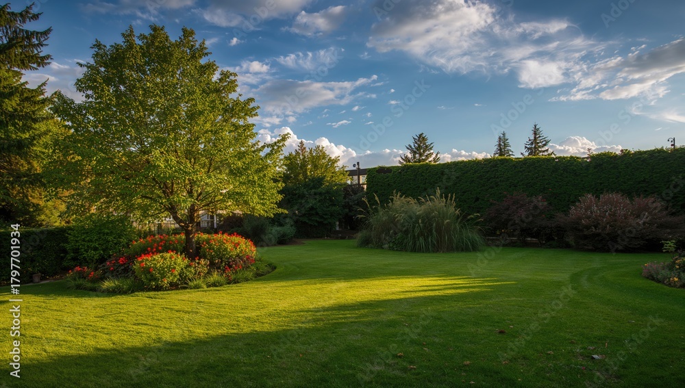 Naklejka premium Outdoor landscape garden featuring diverse flora, showcasing seasonal change