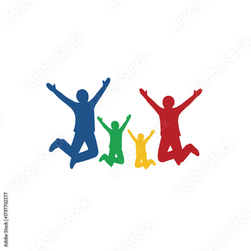 Dynamic family celebration with vibrant figures jumping joyfully, radiating happiness and unity, perfect for promoting family values and community spirit