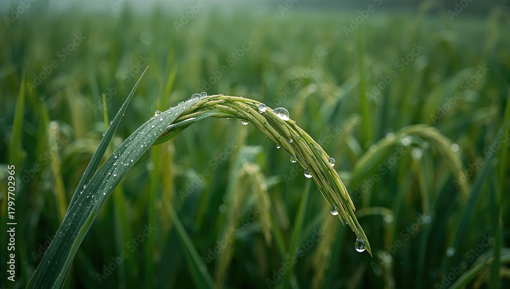 Obraz premium Morning dew resting on rice blades, highlighting the freshness of growth, seasonal change